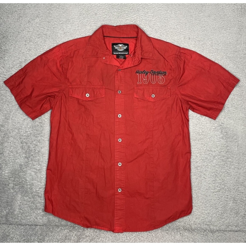 Harley Davidson Mens Medium Red Cotton Flame Embroidered 1903 Button Up Shirt